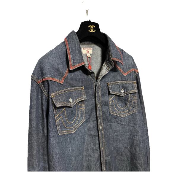 NWT True Religion Mens Large Blue Denim Western Released Hem Long Sleeve Shirt - Picture 1 of 10